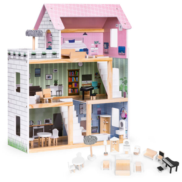 Trehus dukkehus 3 etasjer med terrasse og 15 mobler ECOTOYS