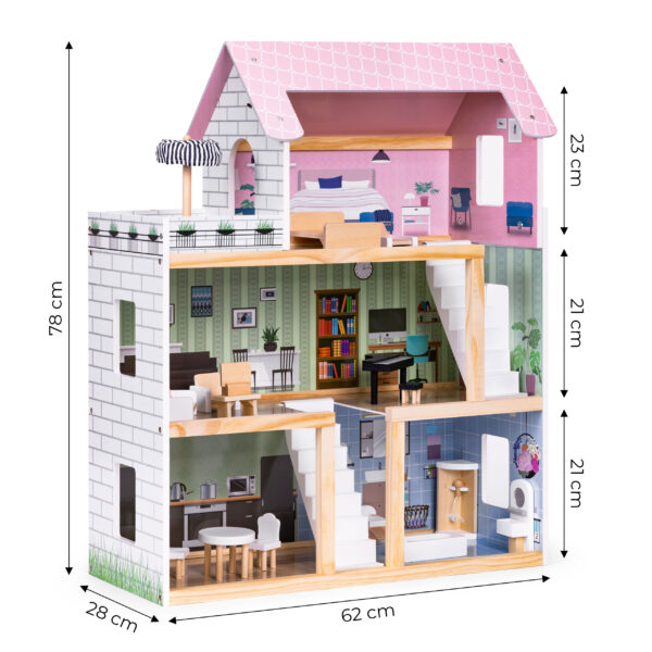 Trehus dukkehus 3 etasjer med terrasse og 15 mobler ECOTOYS - Bilde 10