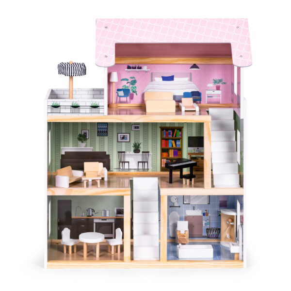 Trehus dukkehus 3 etasjer med terrasse og 15 mobler ECOTOYS - Bilde 2