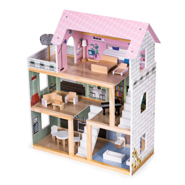 Trehus dukkehus 3 etasjer med terrasse og 15 mobler ECOTOYS - Bilde 4