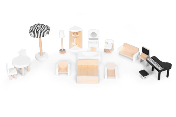 Trehus dukkehus 3 etasjer med terrasse og 15 mobler ECOTOYS - Bilde 9