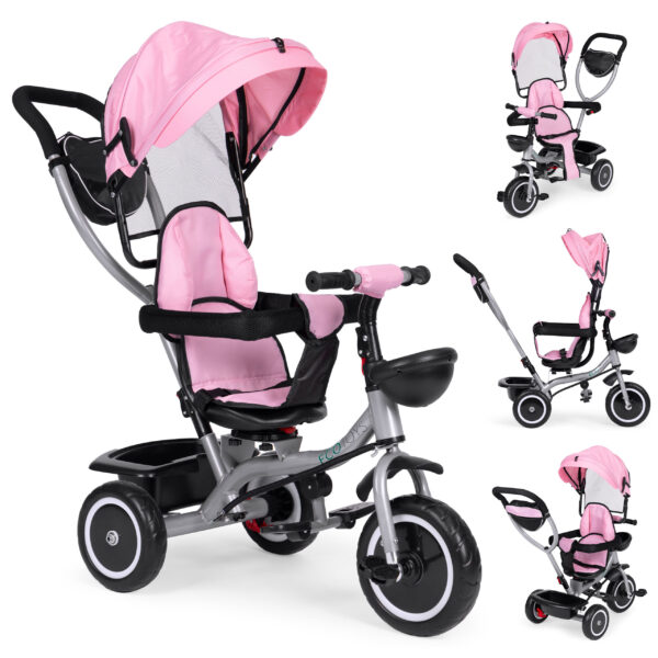 Trehjulssykkel barnevogn 2i1 roterbart sete sammenleggbar kalesje ECOTOYS Rosa