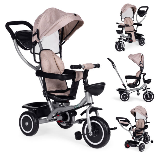 Trehjulssykkel barnevogn 2-i-1 roterbart sete sammenleggbar kalesje ECOTOYS Beige