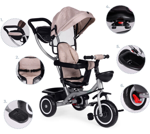 Trehjulssykkel barnevogn 2-i-1 roterbart sete sammenleggbar kalesje ECOTOYS Beige - Bilde 9
