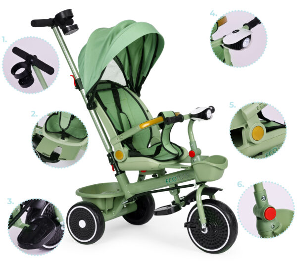 Trehjulssykkel barnevogn 2i1 roterbart sete sammenleggbar kalesje ECOTOYS Grønn - Bilde 9