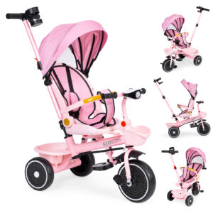 Trehjulssykkel barnevogn 2i1 roterbart sete sammenleggbart tak ECOTOYS Rosa