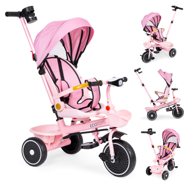 Trehjulssykkel barnevogn 2i1 roterbart sete sammenleggbart tak ECOTOYS Rosa