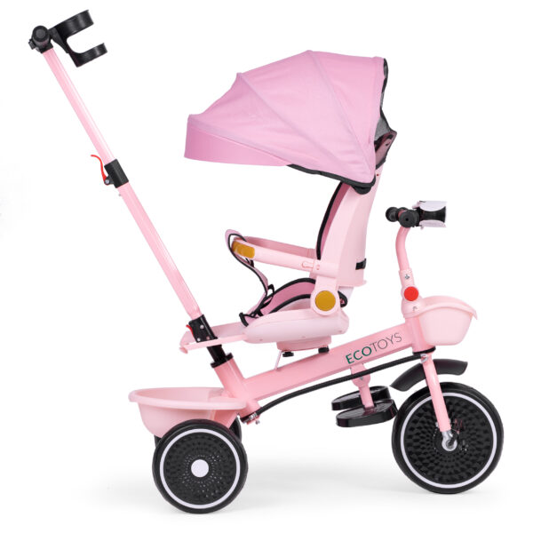 Trehjulssykkel barnevogn 2i1 roterbart sete sammenleggbart tak ECOTOYS Rosa - Bilde 4