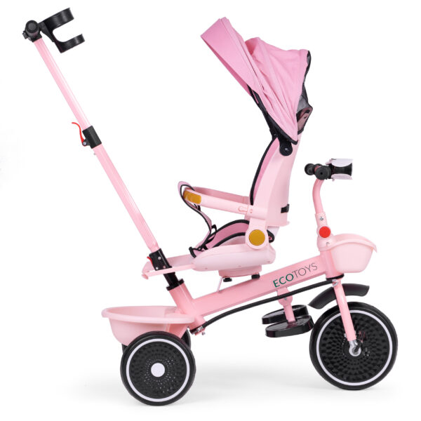 Trehjulssykkel barnevogn 2i1 roterbart sete sammenleggbart tak ECOTOYS Rosa - Bilde 5