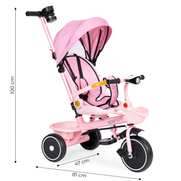 Trehjulssykkel barnevogn 2i1 roterbart sete sammenleggbart tak ECOTOYS Rosa - Bilde 7