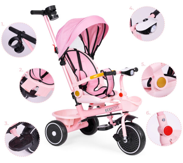 Trehjulssykkel barnevogn 2i1 roterbart sete sammenleggbart tak ECOTOYS Rosa - Bilde 9