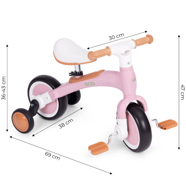 Løpesykkel med pedaler treningshjul sidehjul 3i1 ECOTOYS Rosa - Bilde 10