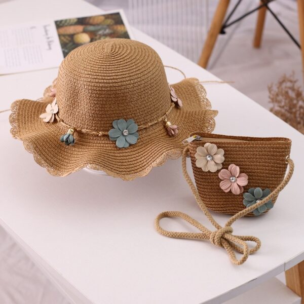 Sett veske og hatt 52 cm for jente strå BOHO BLOMSTER CZ38 - Bilde 2