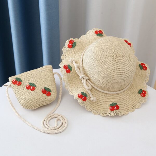 Sett veske og hatt 52cm for jente strå CHERRIES CZ44 Rød - Bilde 2